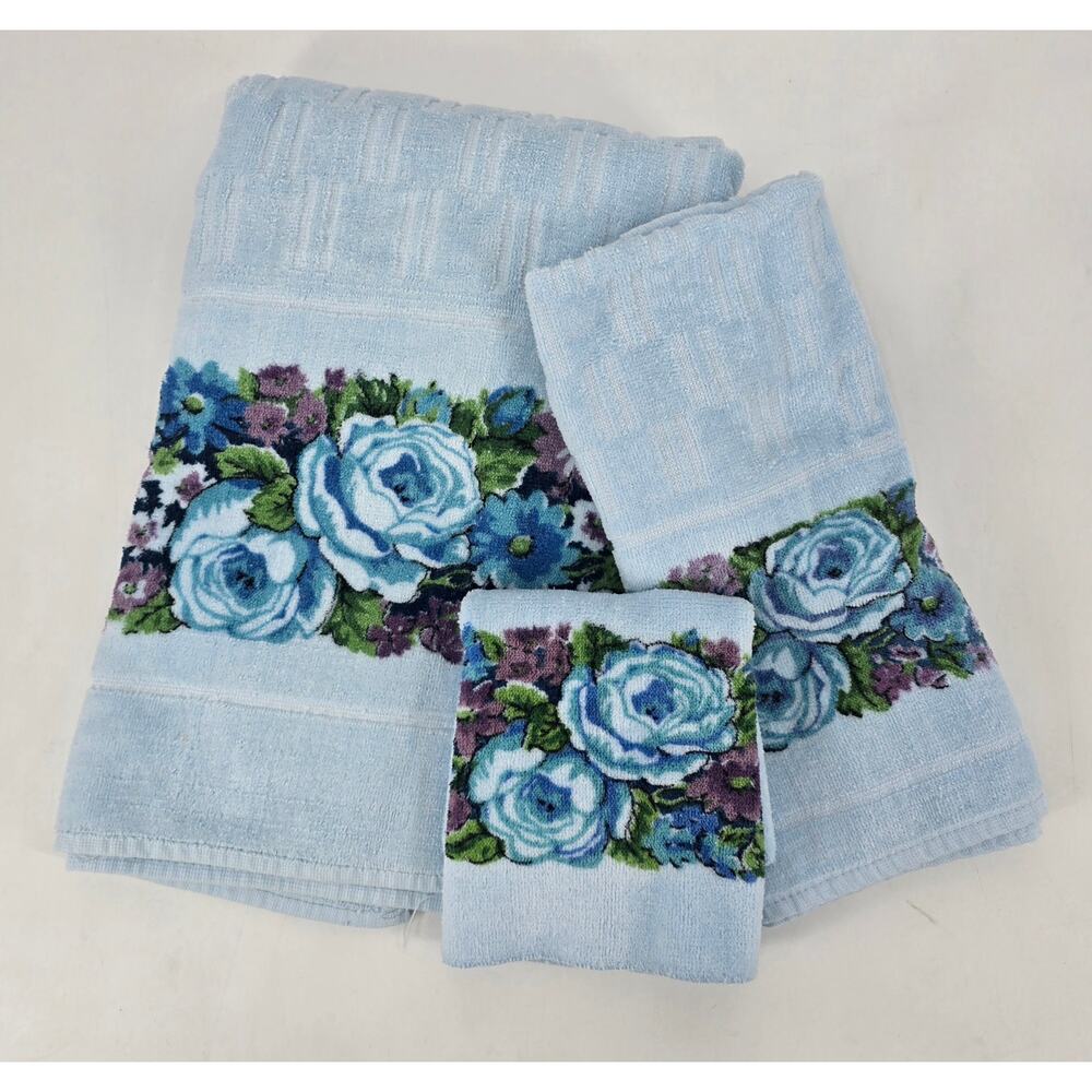 Vintage Lady Pepperell Blue‎ Floral Towel Set 3pc Bath Plush Cotton Cottagecore
